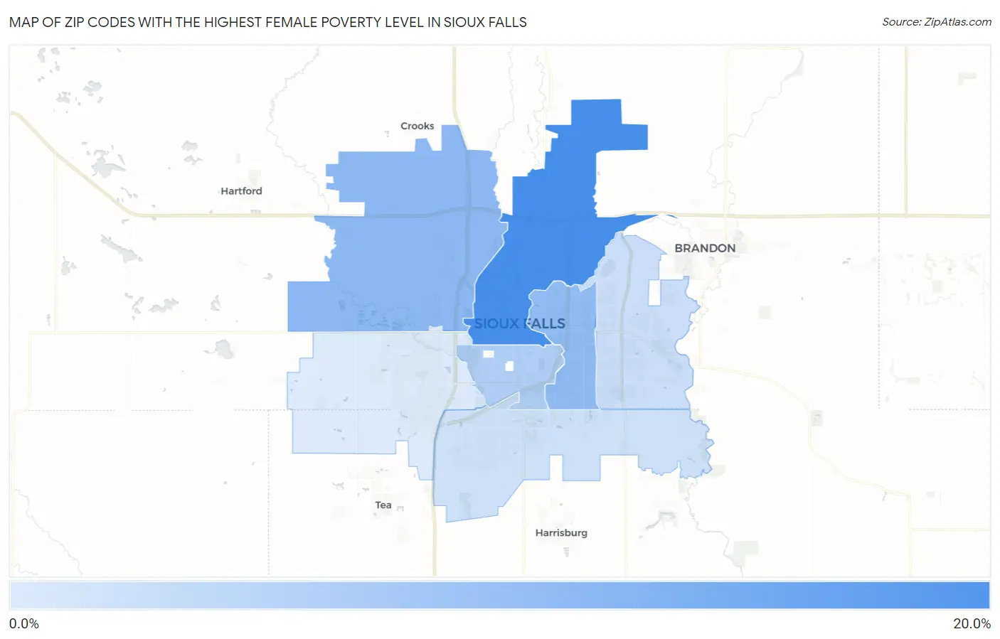 Zip Codes with the Highest Female Poverty Level in Sioux Falls Map