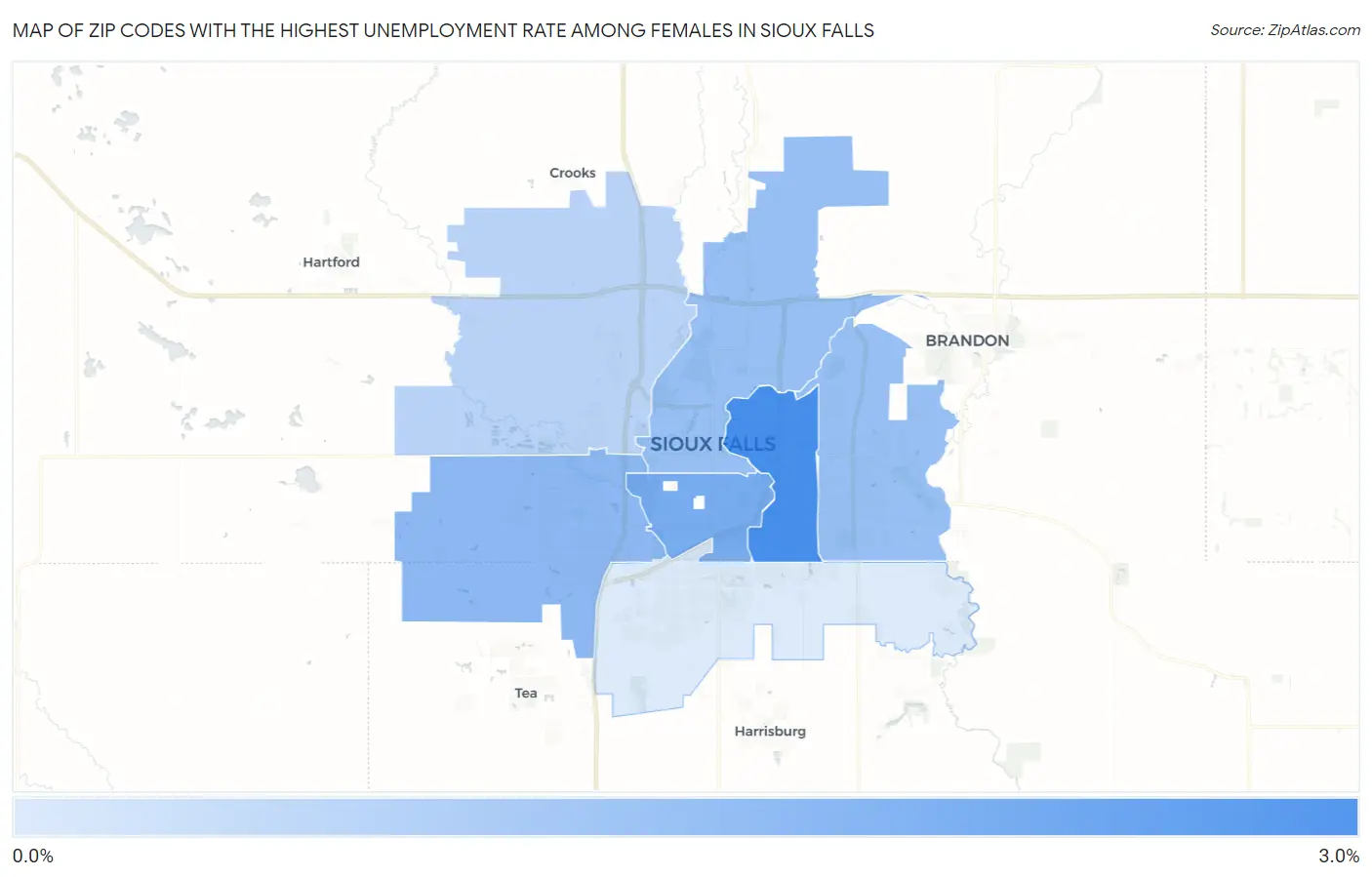 Zip Codes with the Highest Unemployment Rate Among Females in Sioux Falls Map