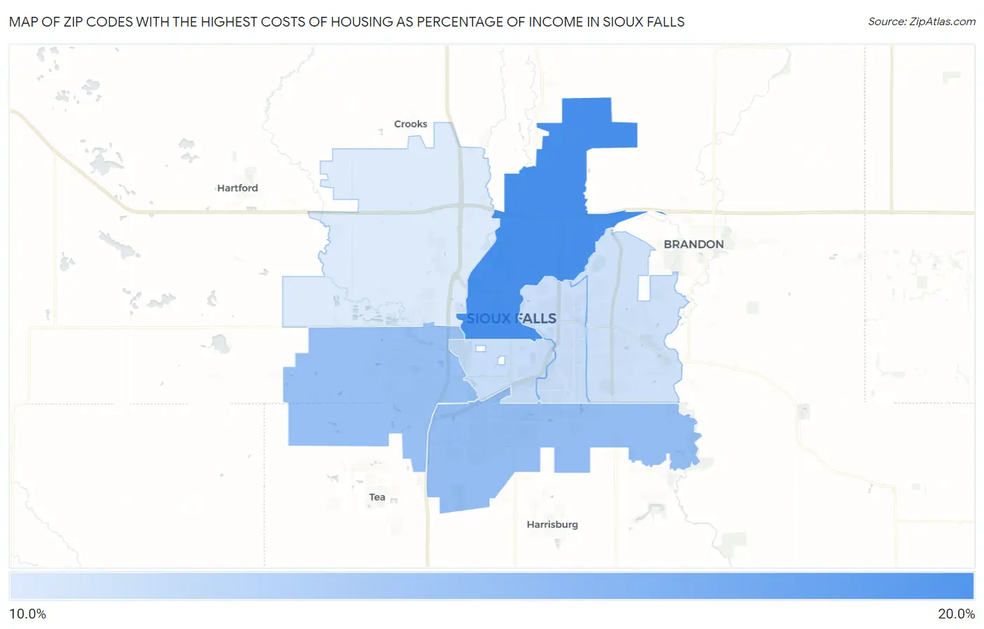 Zip Codes with the Highest Costs of Housing as Percentage of Income in Sioux Falls Map