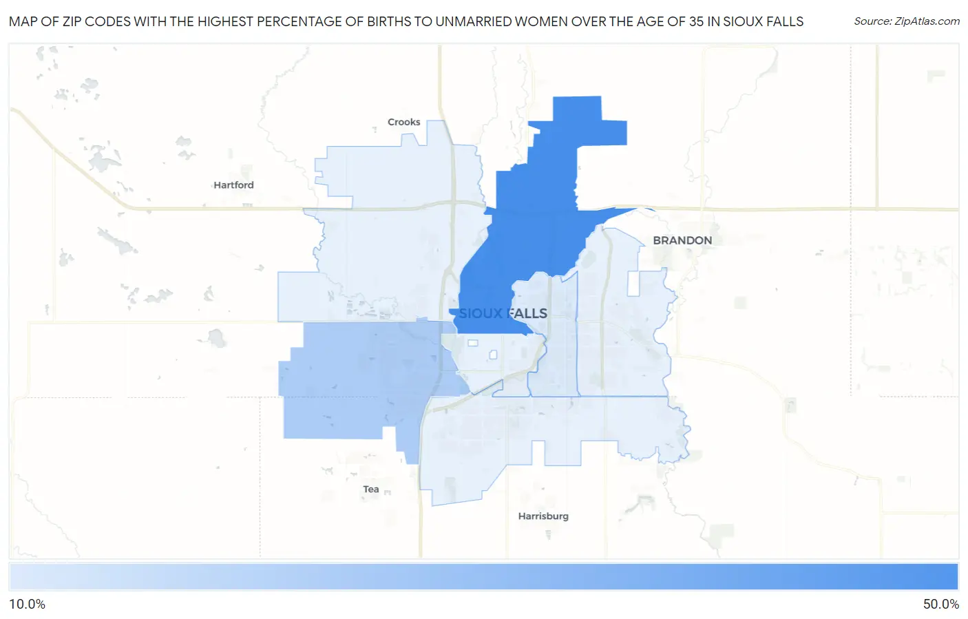 Zip Codes with the Highest Percentage of Births to Unmarried Women over the Age of 35 in Sioux Falls Map