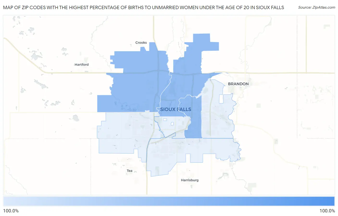 Zip Codes with the Highest Percentage of Births to Unmarried Women under the Age of 20 in Sioux Falls Map