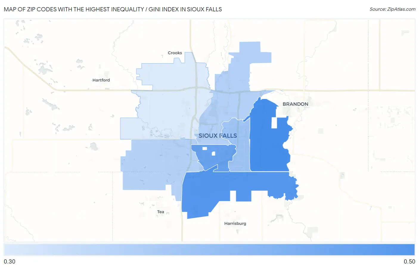 Zip Codes with the Highest Inequality / Gini Index in Sioux Falls Map