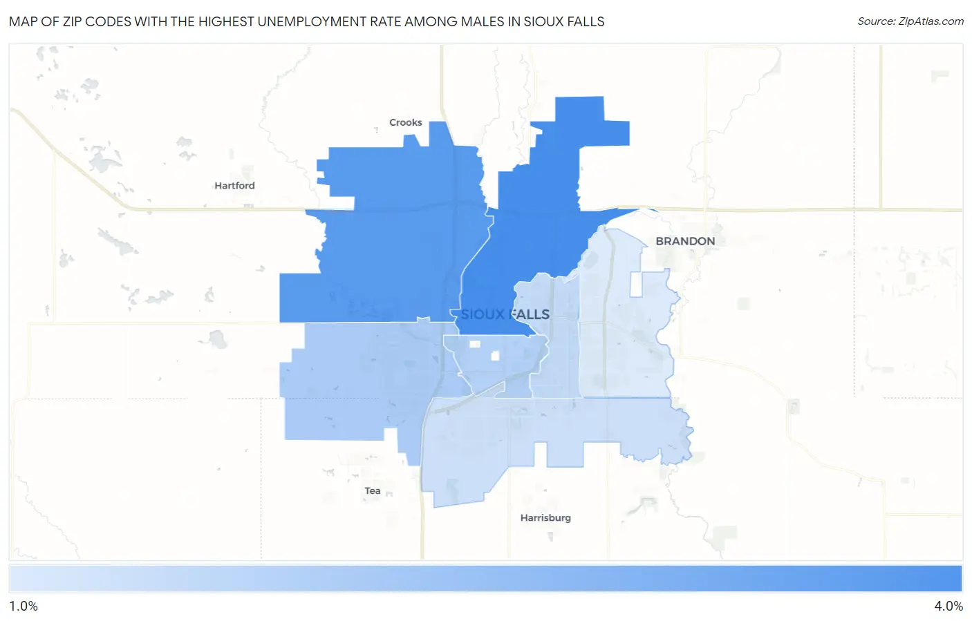 Zip Codes with the Highest Unemployment Rate Among Males in Sioux Falls Map