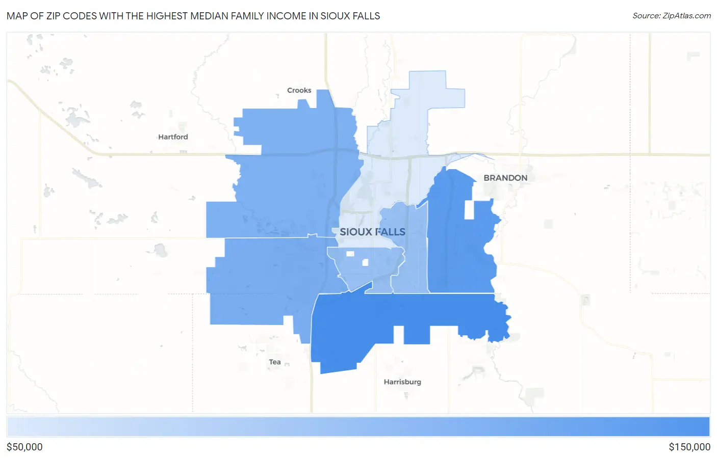 Zip Codes with the Highest Median Family Income in Sioux Falls Map