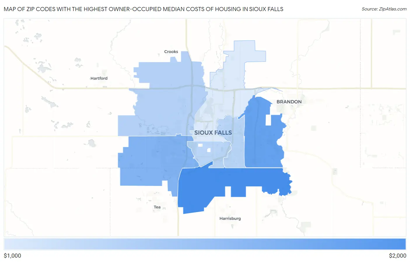 Zip Codes with the Highest Owner-Occupied Median Costs of Housing in Sioux Falls Map