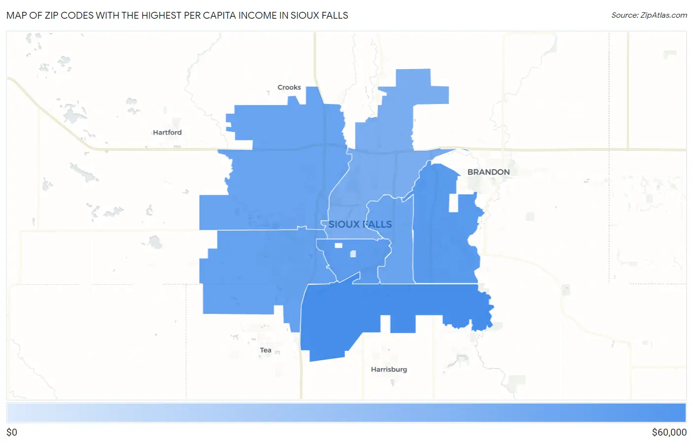 Zip Codes with the Highest Per Capita Income in Sioux Falls Map