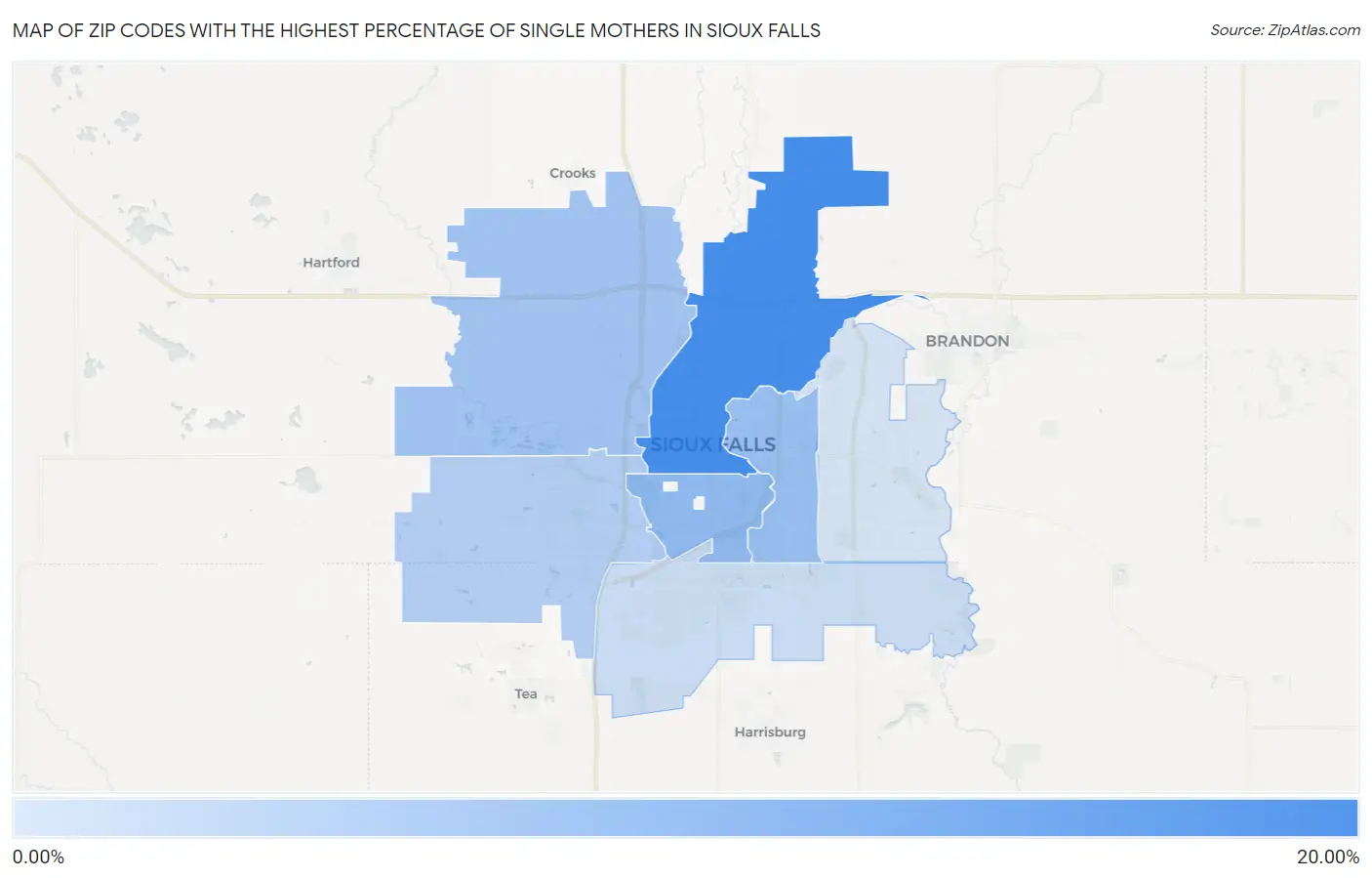 Zip Codes with the Highest Percentage of Single Mothers in Sioux Falls Map