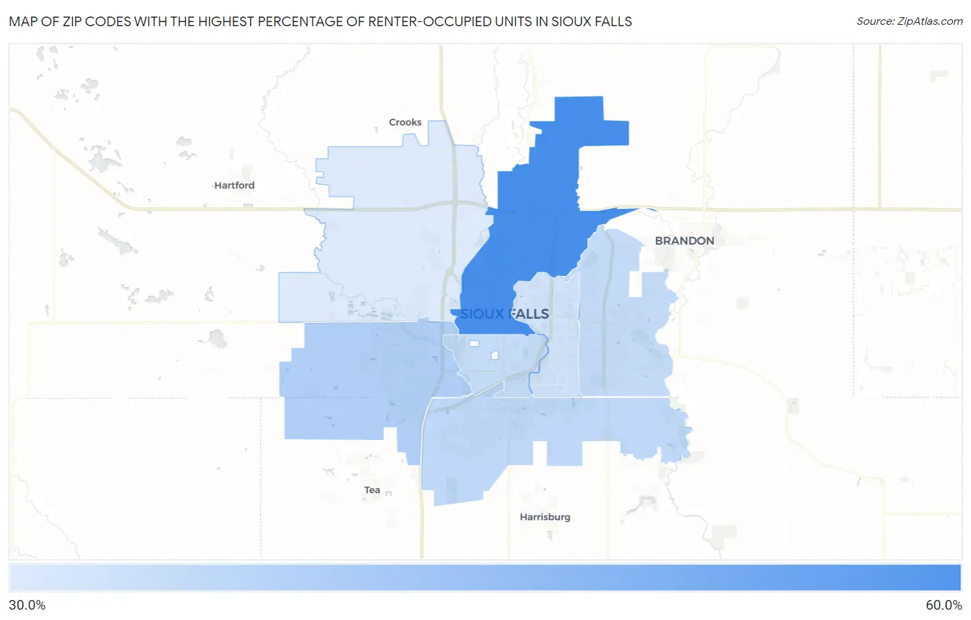 Zip Codes with the Highest Percentage of Renter-Occupied Units in Sioux Falls Map