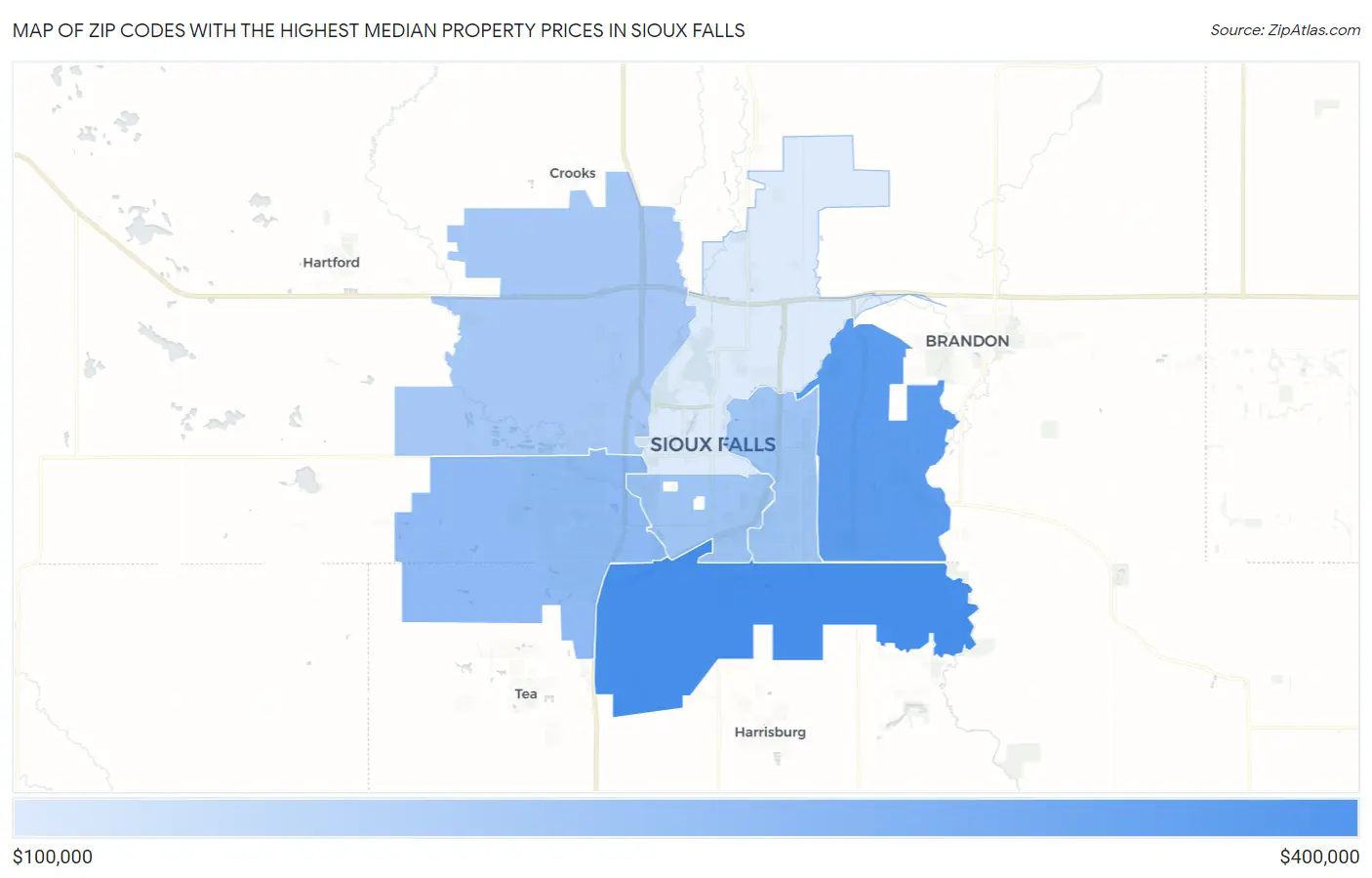 Zip Codes with the Highest Median Property Prices in Sioux Falls Map
