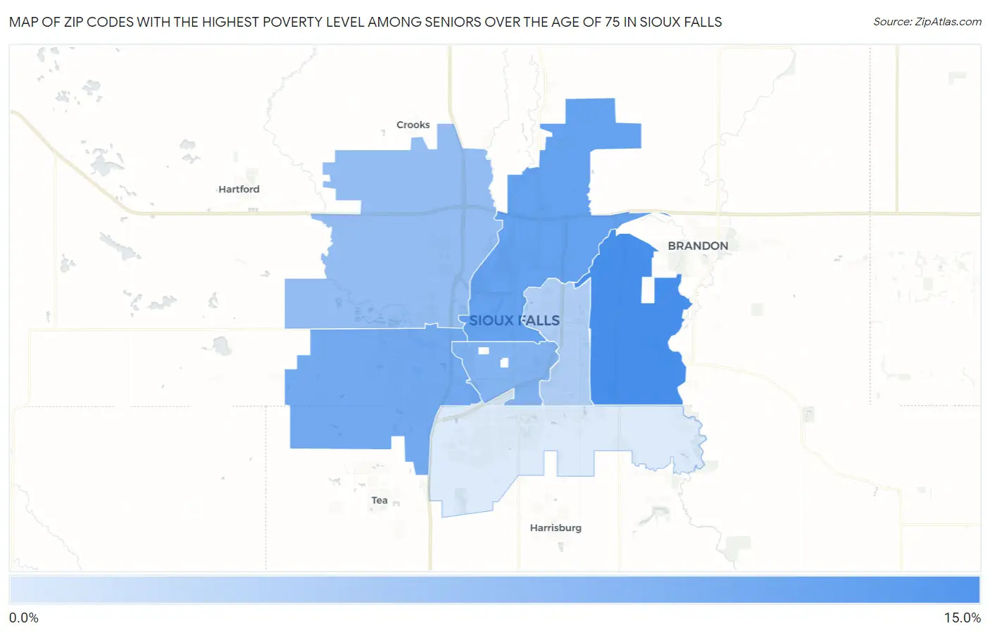 Zip Codes with the Highest Poverty Level Among Seniors Over the Age of 75 in Sioux Falls Map