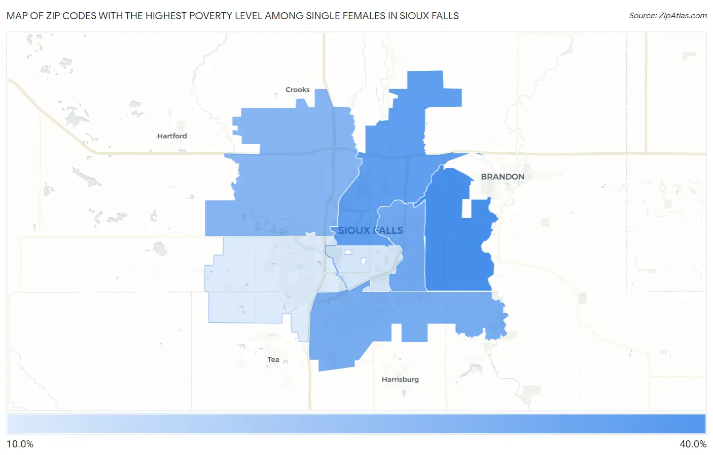 Zip Codes with the Highest Poverty Level Among Single Females in Sioux Falls Map