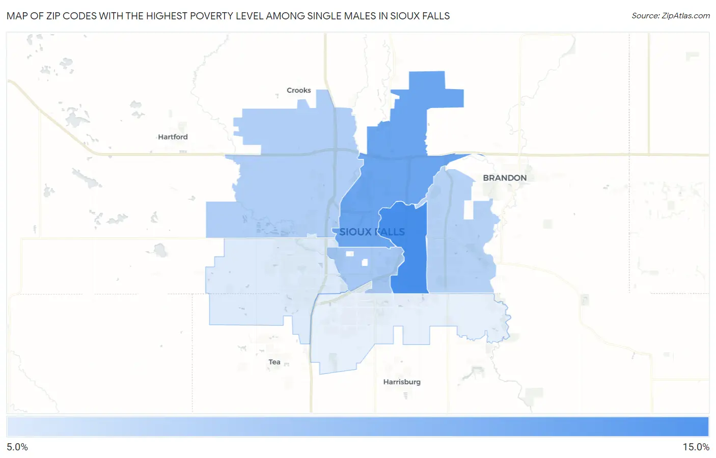 Zip Codes with the Highest Poverty Level Among Single Males in Sioux Falls Map