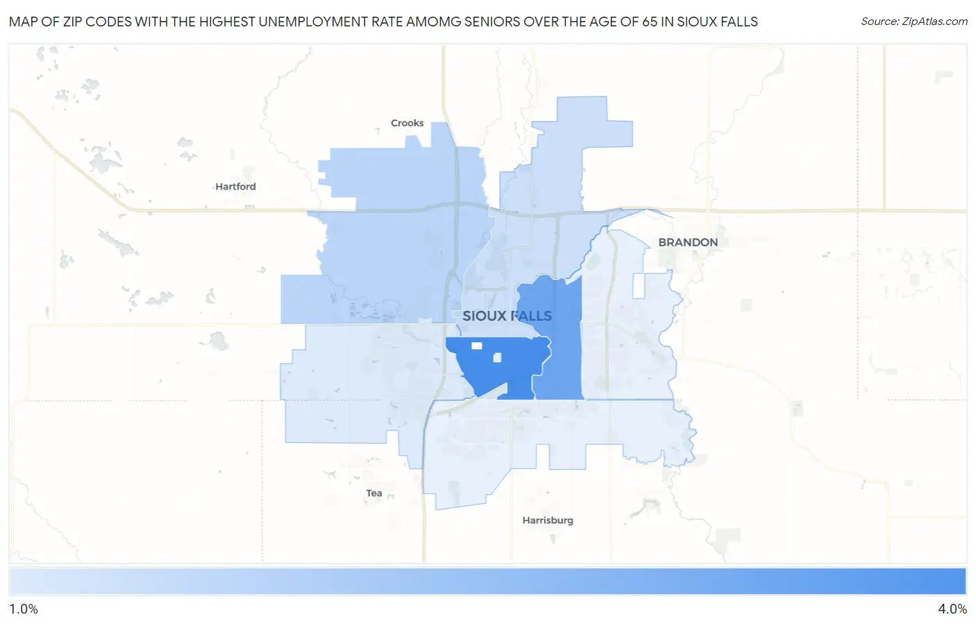 Zip Codes with the Highest Unemployment Rate Amomg Seniors Over the Age of 65 in Sioux Falls Map