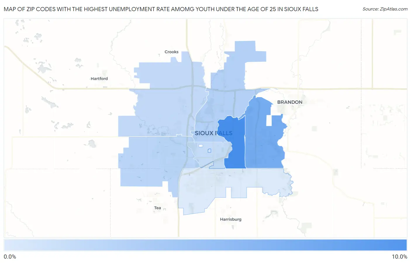 Zip Codes with the Highest Unemployment Rate Amomg Youth Under the Age of 25 in Sioux Falls Map