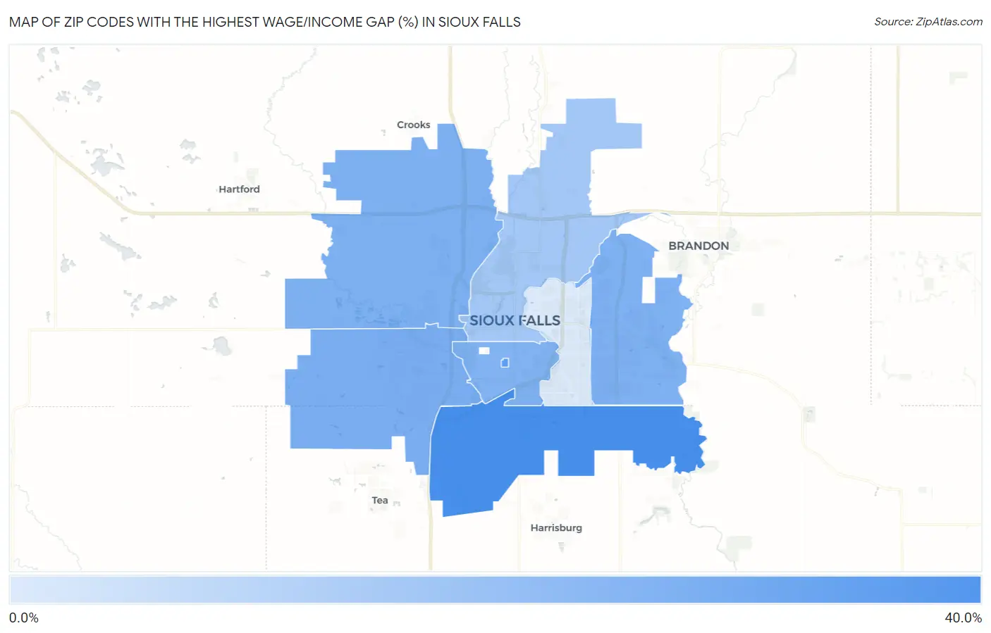 Zip Codes with the Highest Wage/Income Gap (%) in Sioux Falls Map