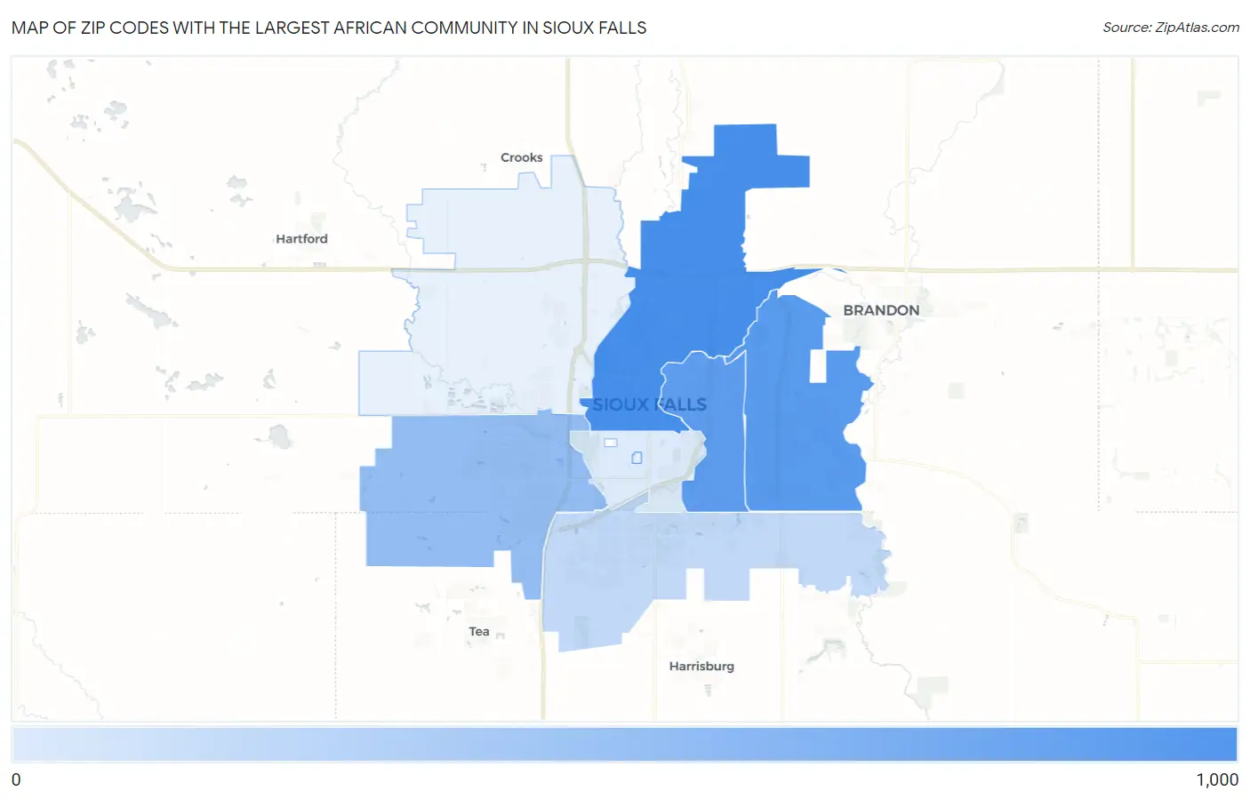 Zip Codes with the Largest African Community in Sioux Falls Map