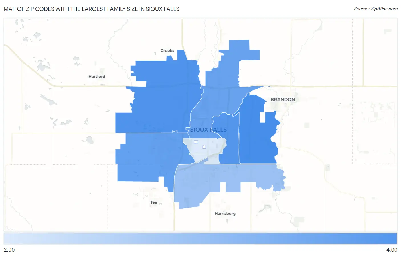 Zip Codes with the Largest Family Size in Sioux Falls Map