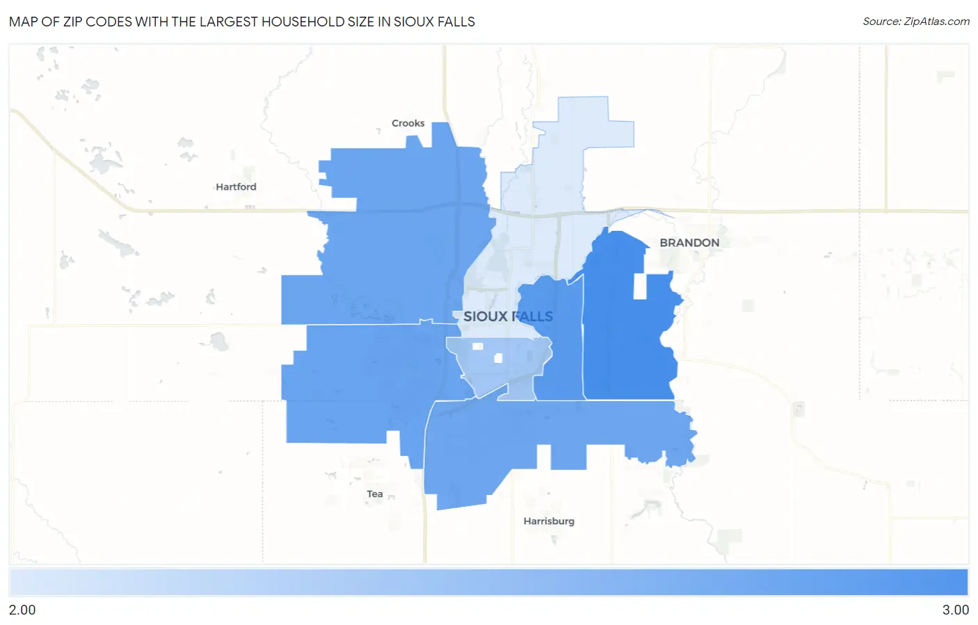 Zip Codes with the Largest Household Size in Sioux Falls Map