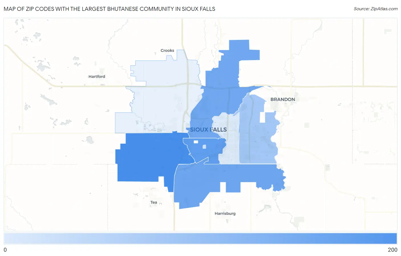 Zip Codes with the Largest Bhutanese Community in Sioux Falls Map
