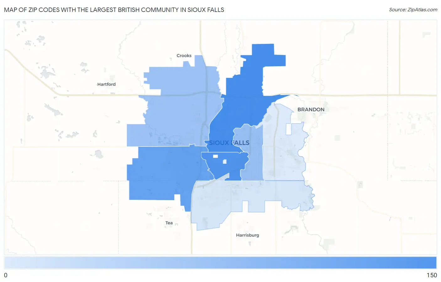 Zip Codes with the Largest British Community in Sioux Falls Map
