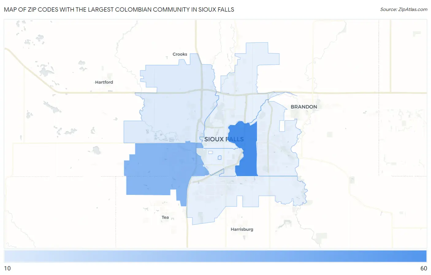 Zip Codes with the Largest Colombian Community in Sioux Falls Map