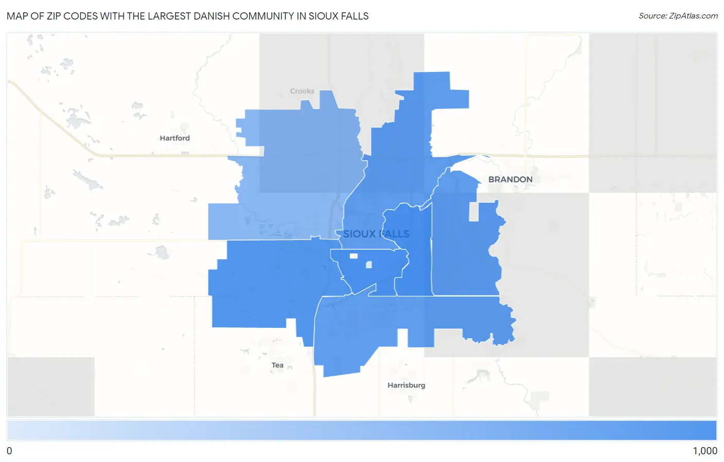 Zip Codes with the Largest Danish Community in Sioux Falls Map
