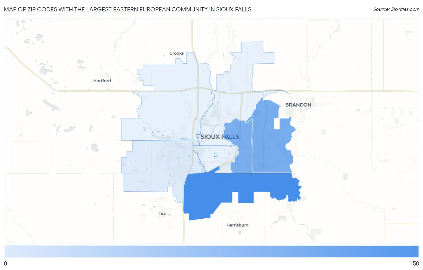 Zip Codes with the Largest Eastern European Community in Sioux Falls Map