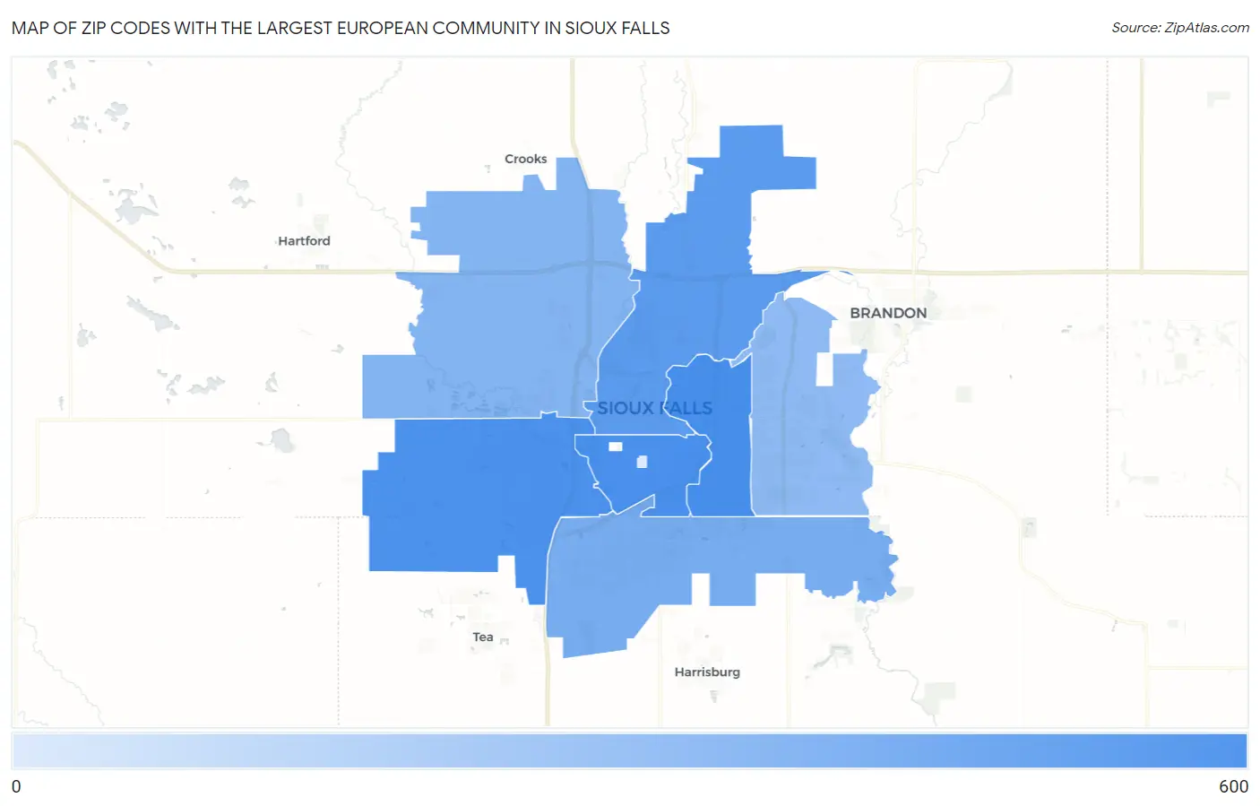 Zip Codes with the Largest European Community in Sioux Falls Map