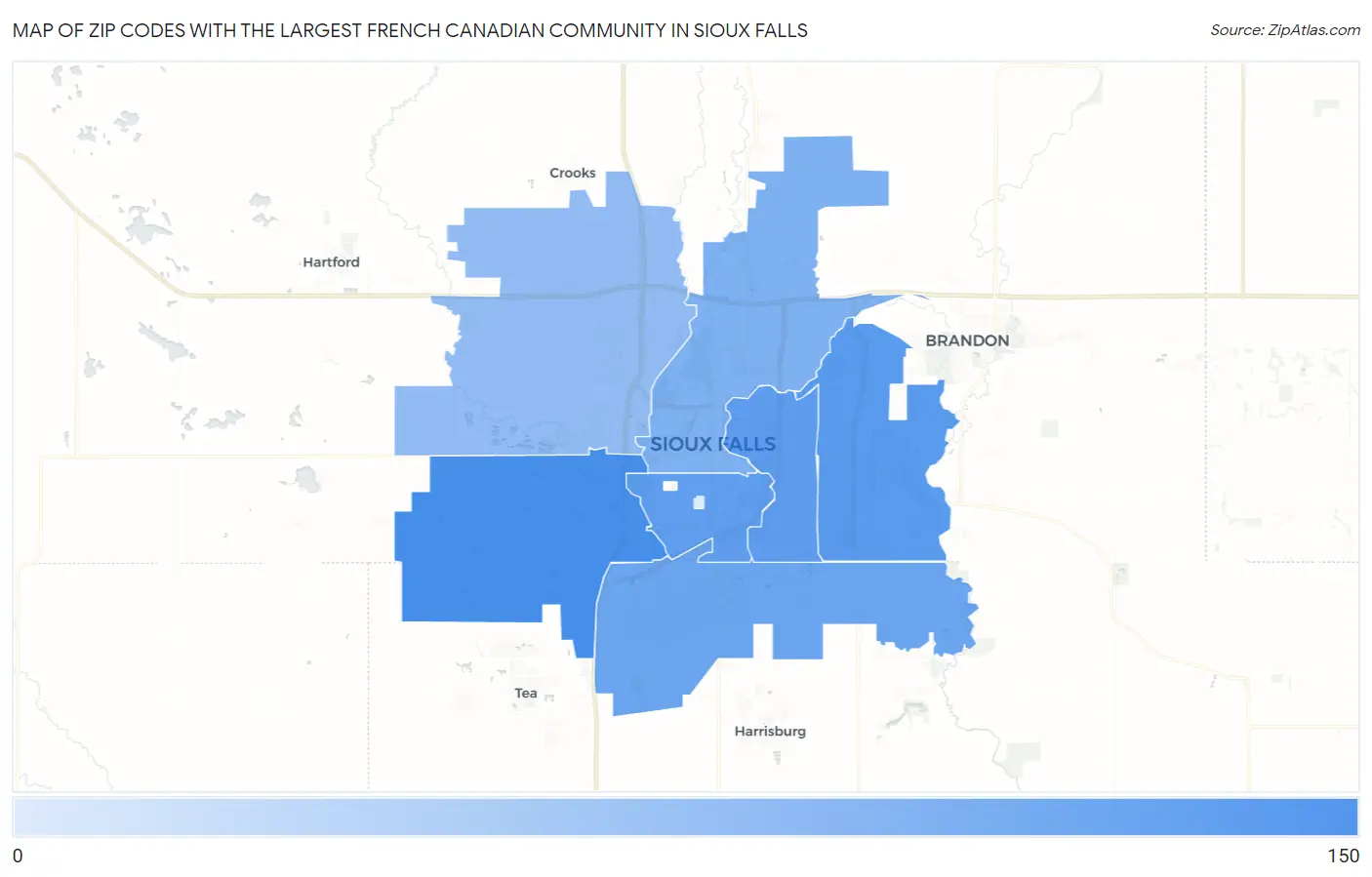 Zip Codes with the Largest French Canadian Community in Sioux Falls Map