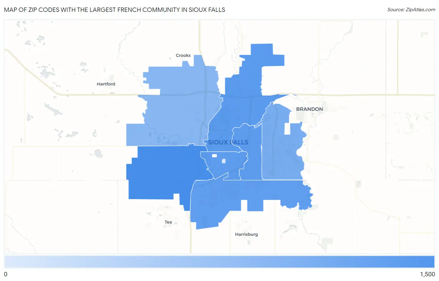 Zip Codes with the Largest French Community in Sioux Falls Map