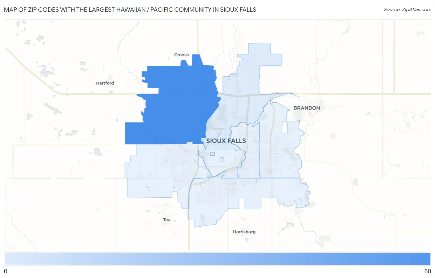 Zip Codes with the Largest Hawaiian / Pacific Community in Sioux Falls Map