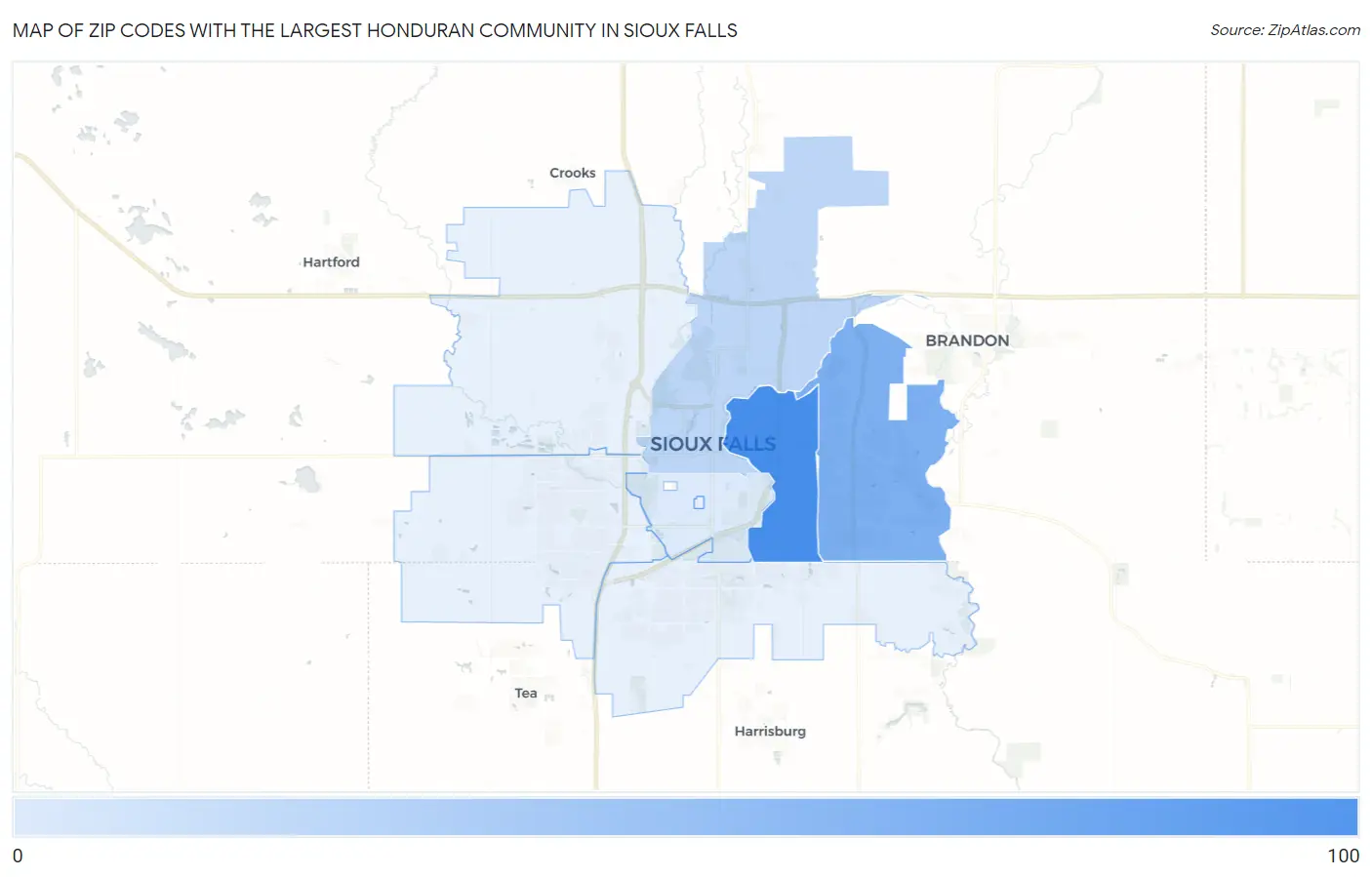 Zip Codes with the Largest Honduran Community in Sioux Falls Map