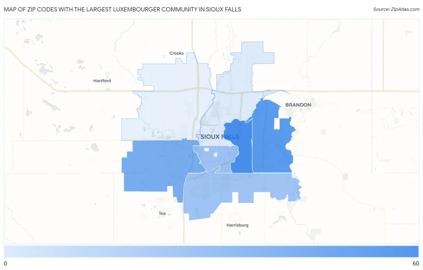 Zip Codes with the Largest Luxembourger Community in Sioux Falls Map