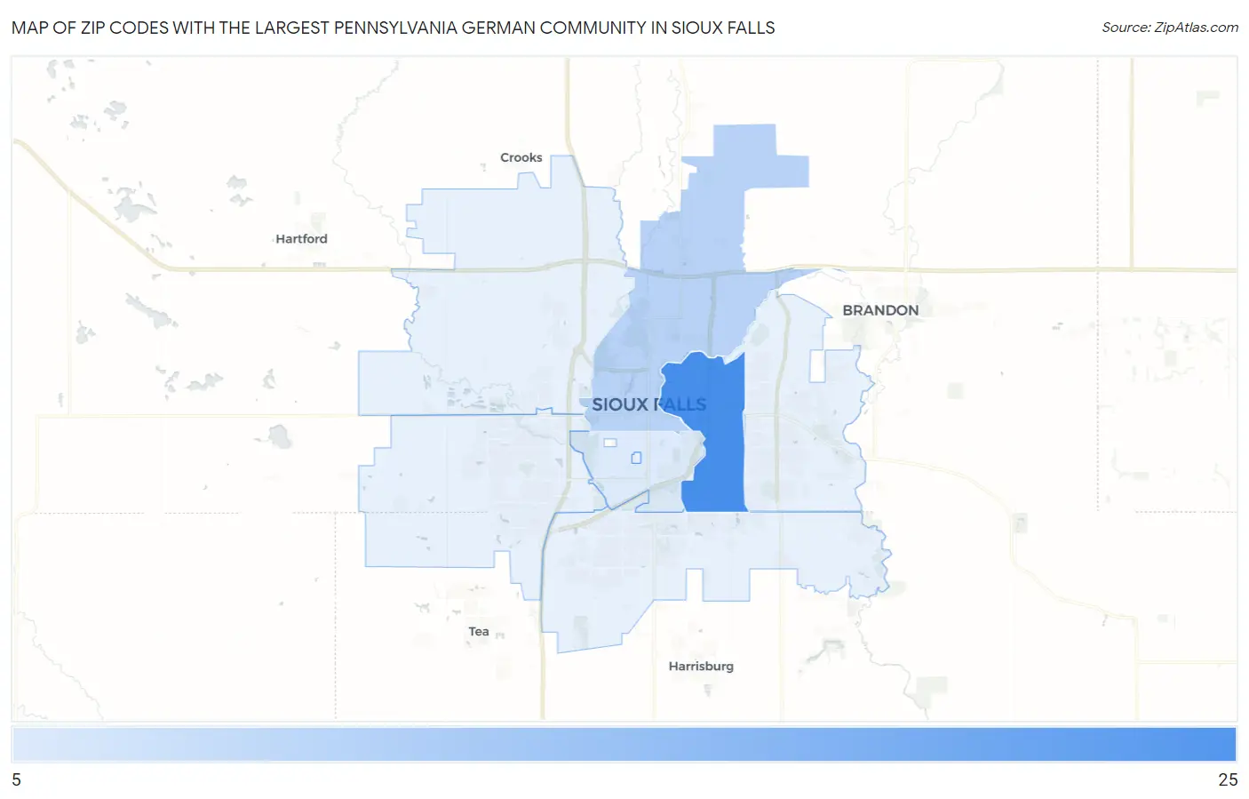 Zip Codes with the Largest Pennsylvania German Community in Sioux Falls Map