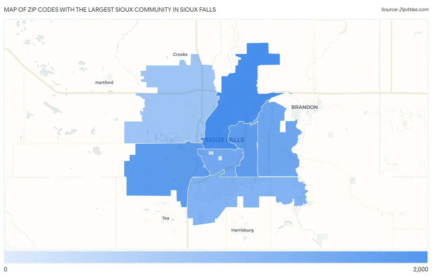 Zip Codes with the Largest Sioux Community in Sioux Falls Map