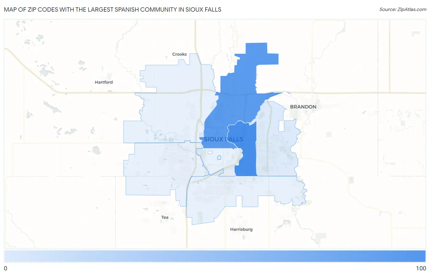 Zip Codes with the Largest Spanish Community in Sioux Falls Map