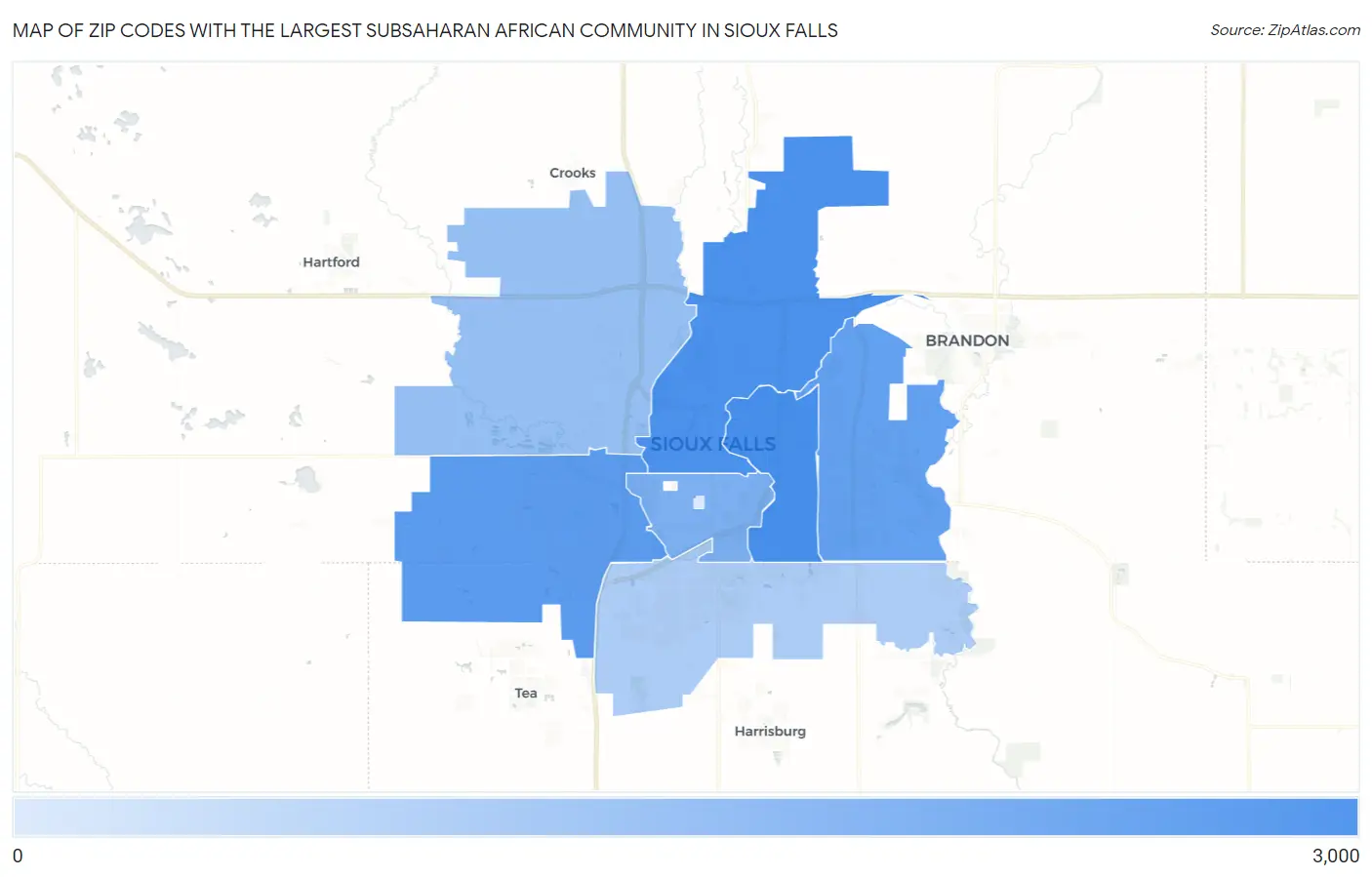 Zip Codes with the Largest Subsaharan African Community in Sioux Falls Map