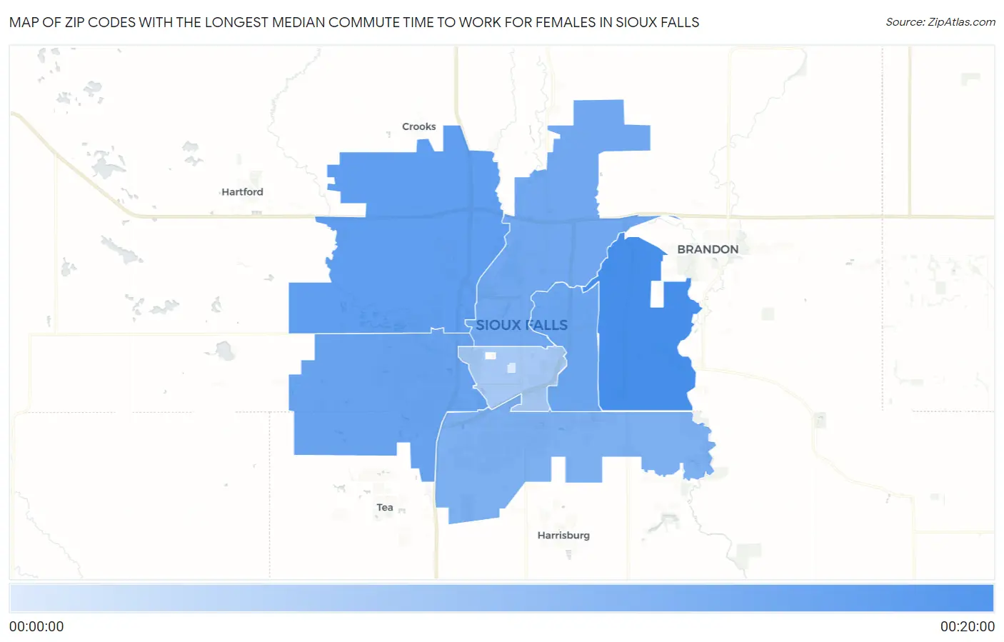 Zip Codes with the Longest Median Commute Time to Work for Females in Sioux Falls Map