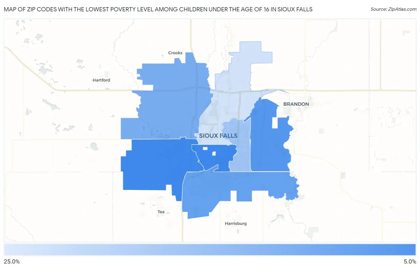 Zip Codes with the Lowest Poverty Level Among Children Under the Age of 16 in Sioux Falls Map