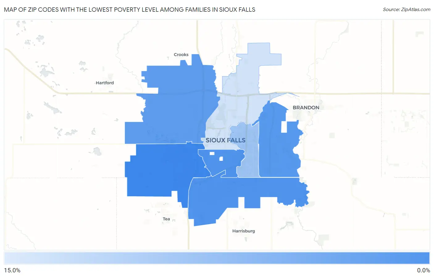 Zip Codes with the Lowest Poverty Level Among Families in Sioux Falls Map