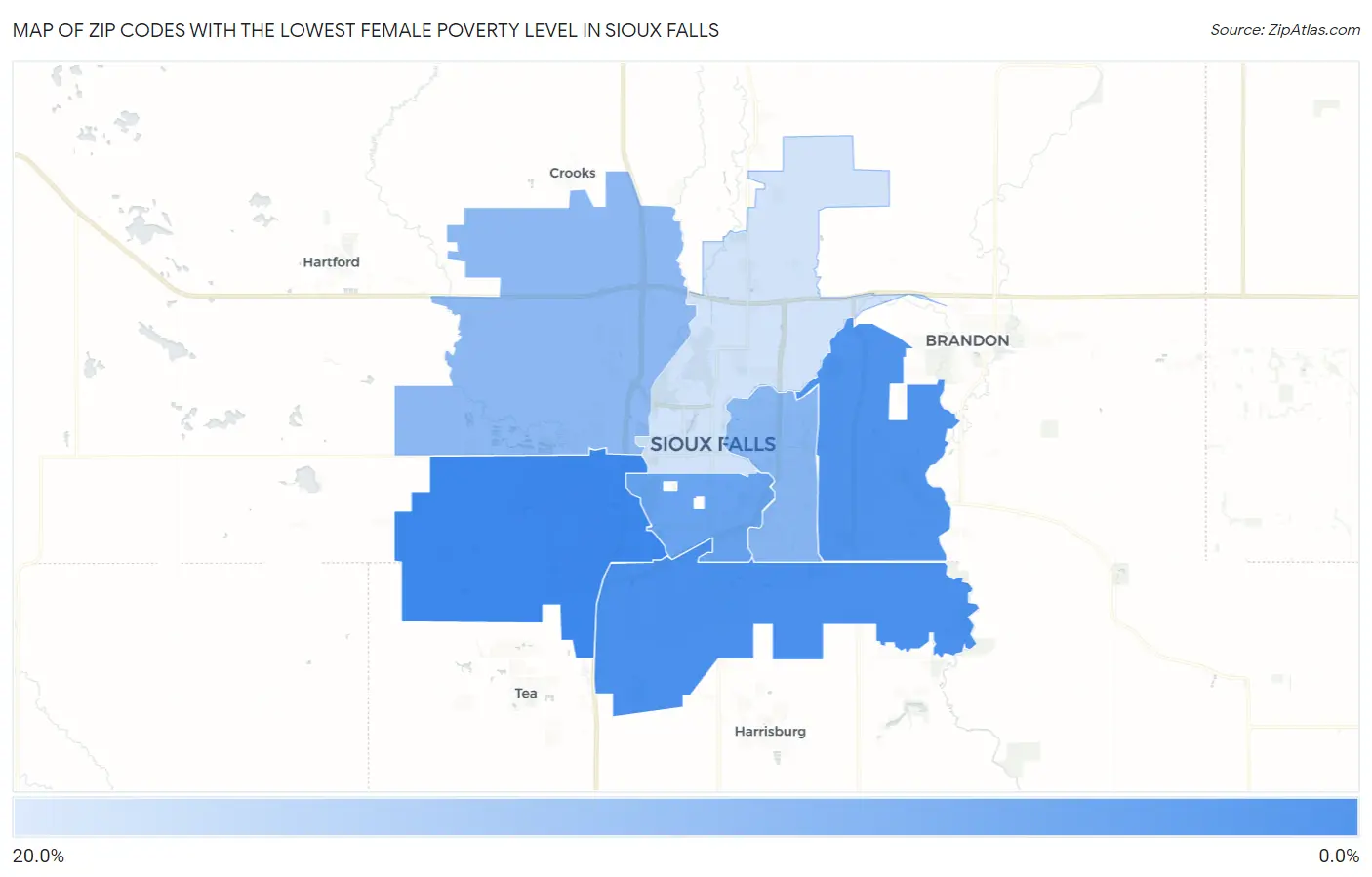 Zip Codes with the Lowest Female Poverty Level in Sioux Falls Map
