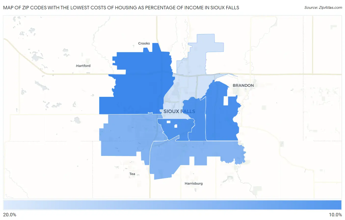 Zip Codes with the Lowest Costs of Housing as Percentage of Income in Sioux Falls Map