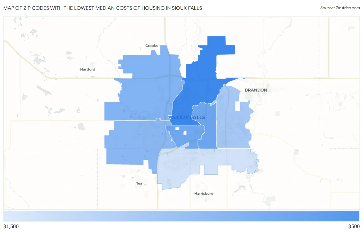 Zip Codes with the Lowest Median Costs of Housing in Sioux Falls Map