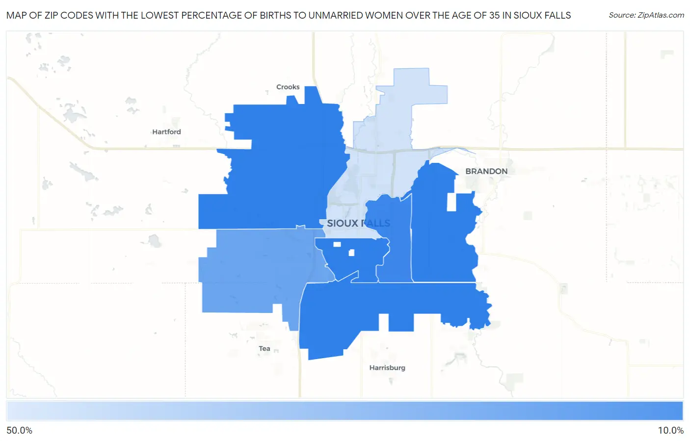 Zip Codes with the Lowest Percentage of Births to Unmarried Women over the Age of 35 in Sioux Falls Map