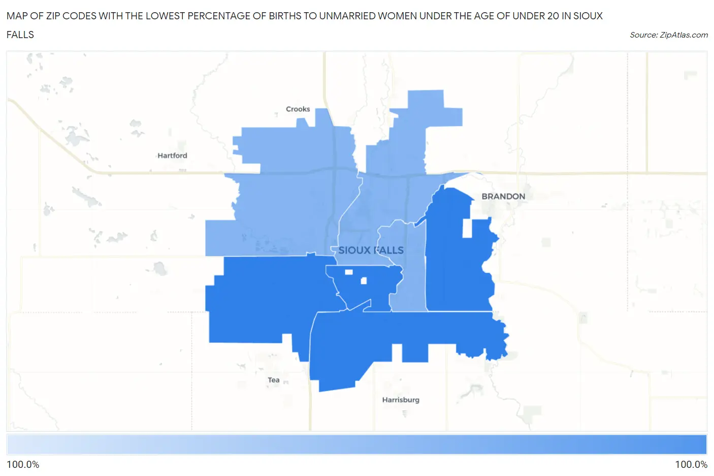 Zip Codes with the Lowest Percentage of Births to Unmarried Women under the Age of under 20 in Sioux Falls Map