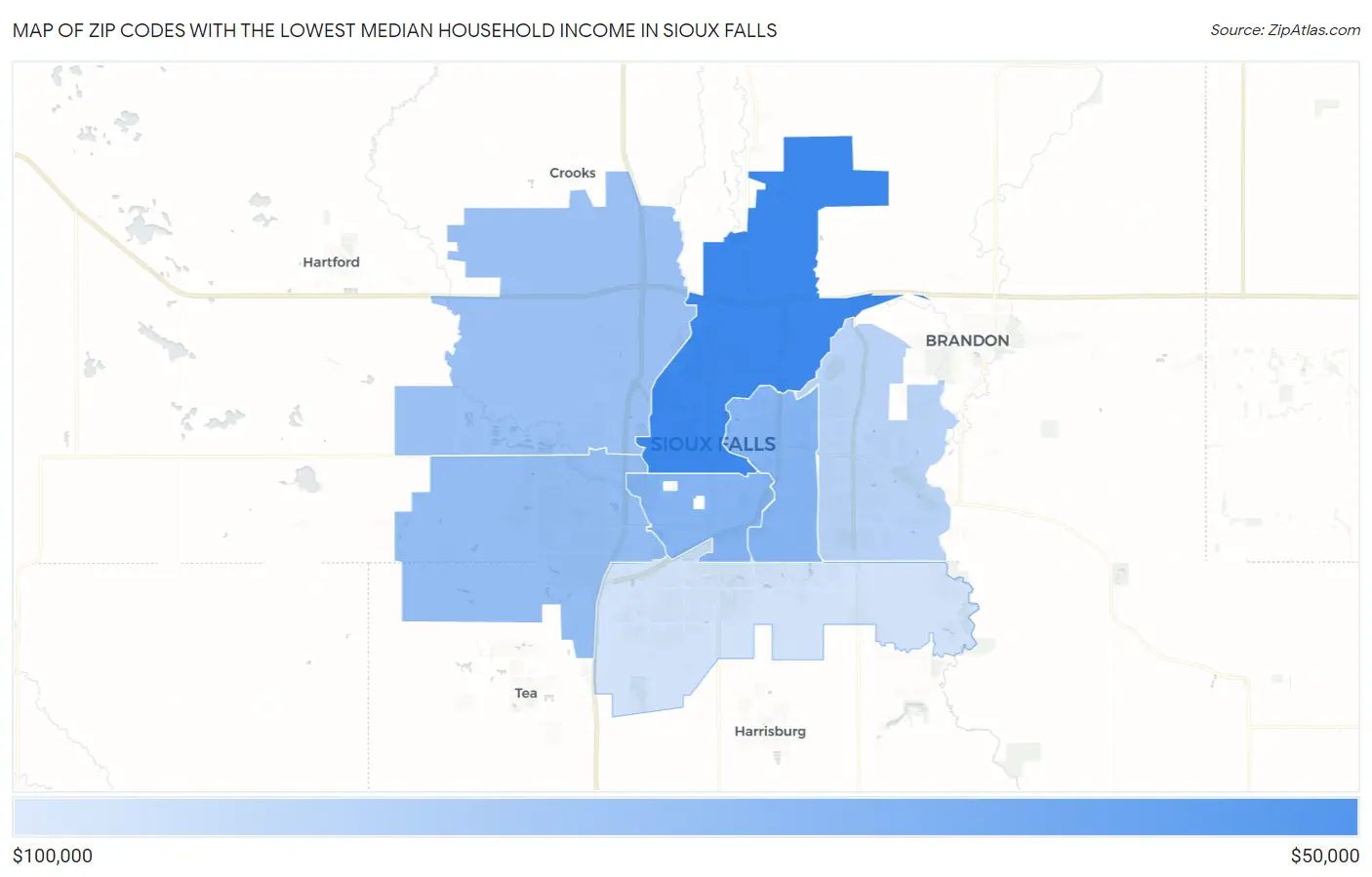 Zip Codes with the Lowest Median Household Income in Sioux Falls Map