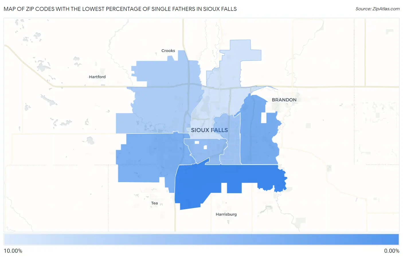 Zip Codes with the Lowest Percentage of Single Fathers in Sioux Falls Map