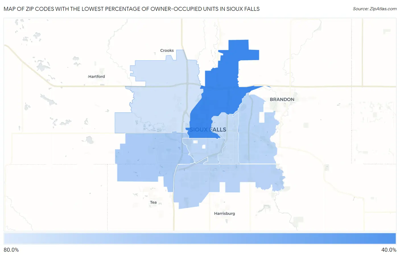 Zip Codes with the Lowest Percentage of Owner-Occupied Units in Sioux Falls Map