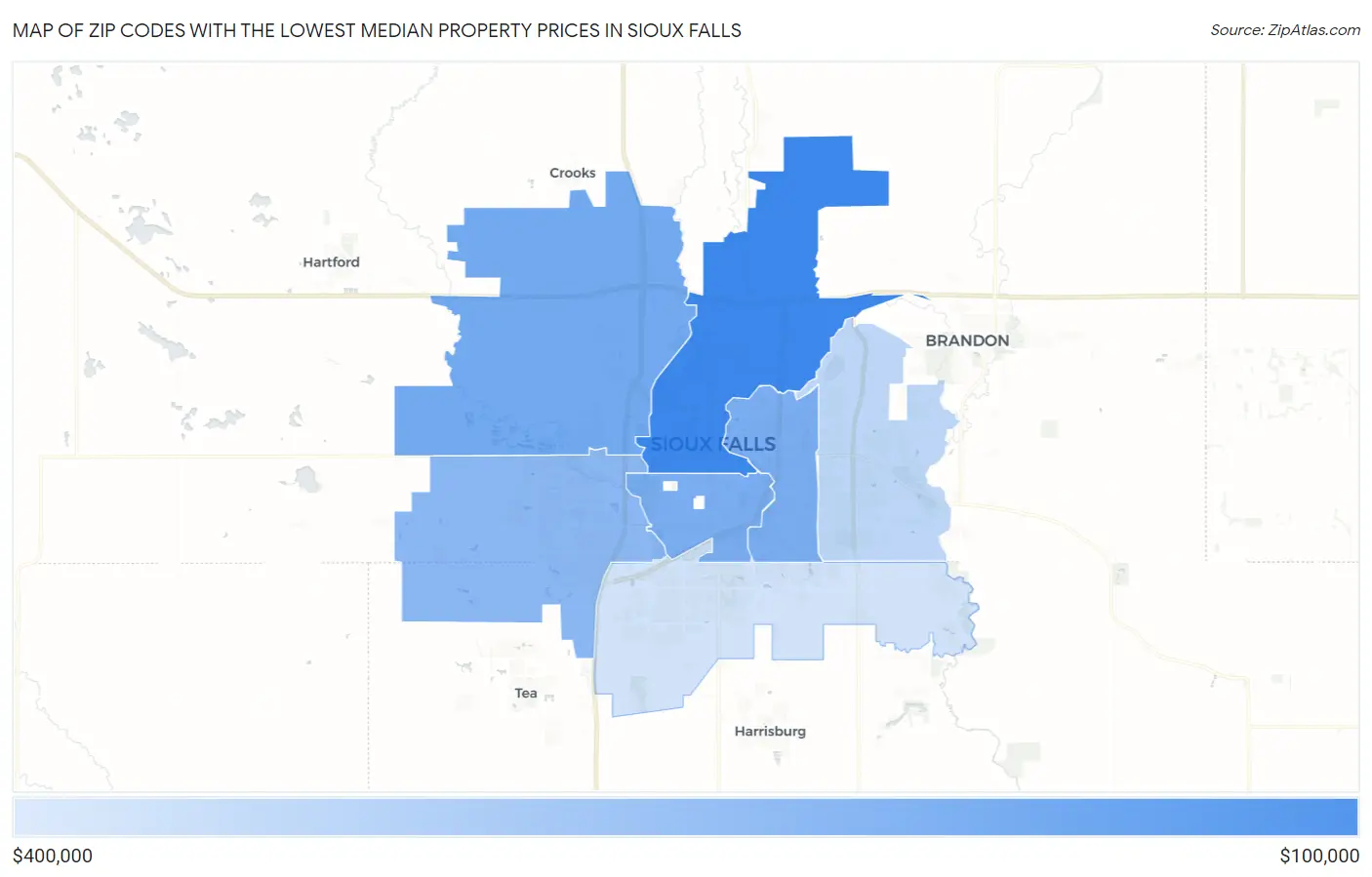 Zip Codes with the Lowest Median Property Prices in Sioux Falls Map