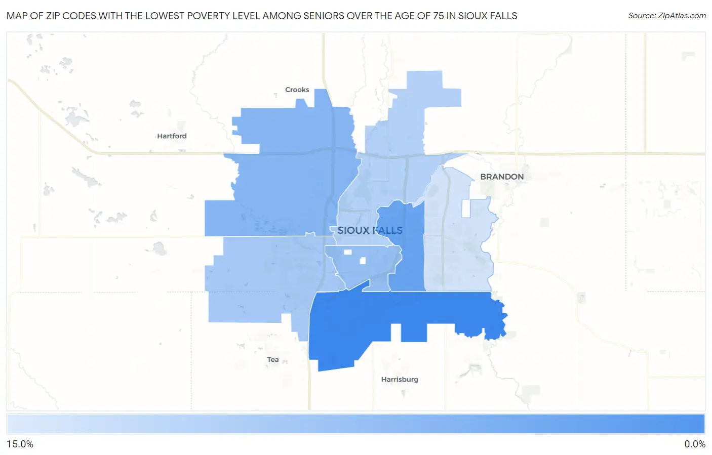 Zip Codes with the Lowest Poverty Level Among Seniors Over the Age of 75 in Sioux Falls Map